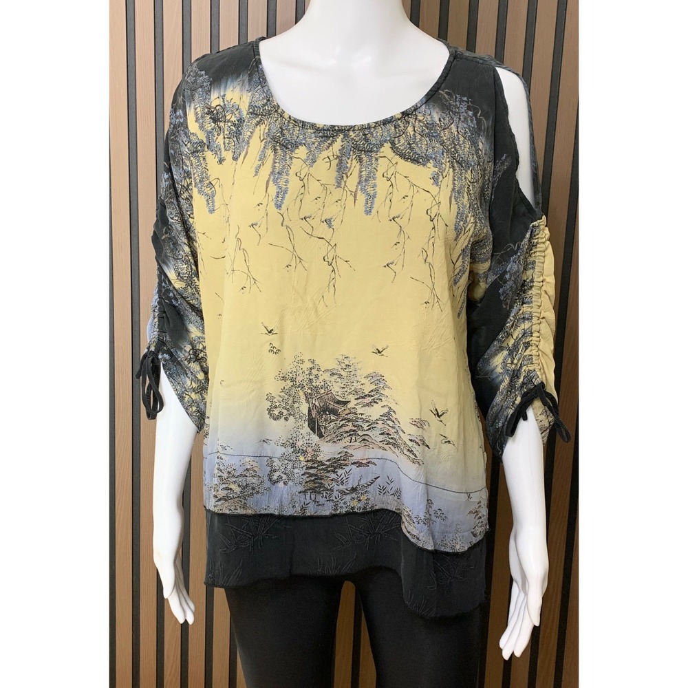 Citron Santa Monica Silk Blouse PM Yellow Asian Landscape Cold Shoulder Top